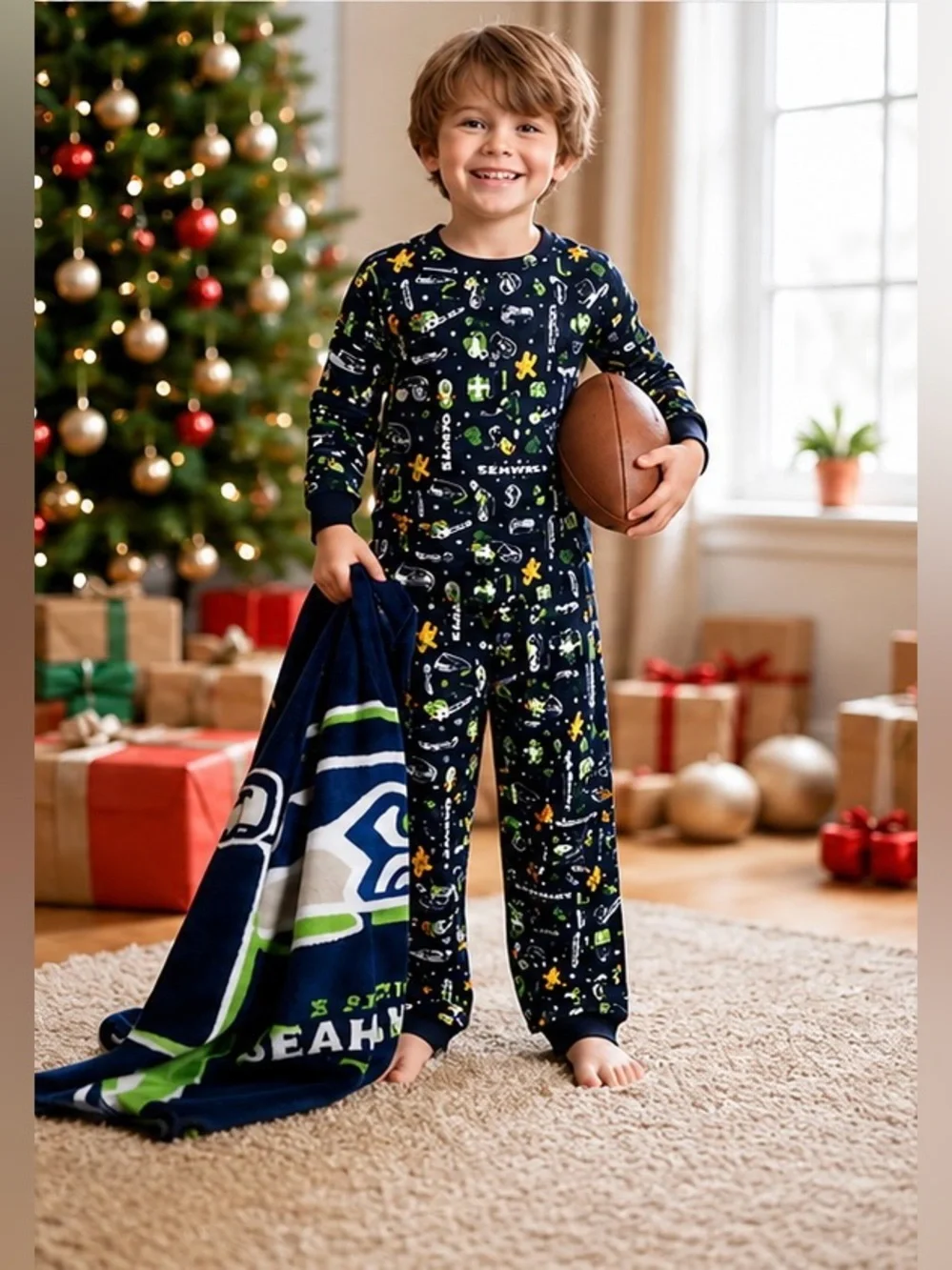 Seattle Seahawks 12th Man NFL Christmas Flannel Unisex Pajama Set Youth XS 4/5
